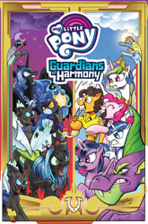 Size: 800x1213 | Tagged: safe, artist:andypriceart, idw, character:boneless, character:cheese sandwich, character:nightmare moon, character:pinkie pie, character:princess celestia, character:princess luna, character:queen chrysalis, character:rainbow dash, character:shining armor, character:spike, character:spitfire, character:twilight sparkle, character:twilight sparkle (alicorn), species:alicorn, species:changeling, species:pony, boneless 2, clothing, costume, guardians of harmony, preview, shadowbolts, shadowbolts costume, spikezilla