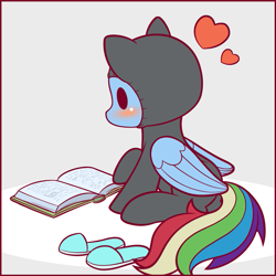 Size: 1125x1125 | Tagged: safe, artist:symbianl, part of a set, character:rainbow dash, episode:read it and weep, g4, my little pony: friendship is magic, license:cc-by-nc-nd, blushing, book, catsuit, chibi, clothing, cute, dashabetes, heart, part of a series, reading, slippers, solo, symbianl is trying to murder us, symbianl's chibis