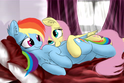 Size: 9000x6000 | Tagged: safe, artist:aurelleah, derpibooru original, character:fluttershy, character:rainbow dash, ship:flutterdash, absurd resolution, bed, bedroom eyes, cuddling, curtains, cute, dashabetes, ear fluff, eye contact, female, fluffy, looking at each other, lying down, male, pillow, preening, rule 63, scrunchy face, shipping, shyabetes, side, snuggling, spooning, straight, window, wing noms, wip