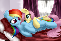 Size: 2560x1707 | Tagged: safe, artist:aurelleah, character:fluttershy, character:rainbow dash, ship:flutterdash, aurelleah is trying to murder us, backwards cutie mark, bed, bedroom eyes, crepuscular rays, cuddling, curtains, cute, dashabetes, ear fluff, eye contact, female, fluffy, looking at each other, lying down, male, pillow, preening, prone, scrunchy face, shipping, shyabetes, snuggling, sploot, spooning, straight, window, wing noms