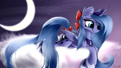 Size: 2560x1440 | Tagged: safe, artist:aurelleah, character:princess luna, species:alicorn, species:pony, bow, cheek fluff, chest fluff, cloud, crescent moon, cute, ear fluff, female, fluffy, galaxy mane, hair bow, happy, long mane, long tail, looking down, lunabetes, mare, moon, night, on a cloud, prone, s1 luna, smiling, solo, stars, tail bow