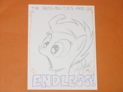 Size: 2592x1944 | Tagged: safe, artist:andypriceart, character:scootaloo, species:pegasus, species:pony, bust, commission, filly, gasp, open mouth, portrait, quote, sketch, solo, text, the possibilities are endless!, traditional art, vienna comic con