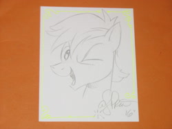 Size: 2592x1944 | Tagged: safe, artist:andypriceart, character:crackle pop, species:pegasus, species:pony, episode:the cart before the ponies, g4, my little pony: friendship is magic, colt, commission, male, one eye closed, open mouth, sketch, solo, vienna comic con, wink