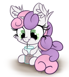 Size: 1156x1301 | Tagged: safe, artist:aurelleah, character:sweetie belle, species:pony, species:unicorn, :t, blowing bubbles, chibi, chocolate, chocolate milk, cute, dawwww, diasweetes, drinking, ear fluff, female, filly, fluffy, impossibly large ears, milk, simple background, sitting, smiling, solo, straw, transparent background