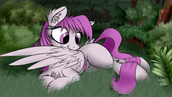 Size: 7680x4320 | Tagged: safe, artist:aurelleah, oc, oc only, oc:stardust, species:pegasus, species:pony, :t, absurd resolution, chest fluff, cute, ear fluff, fluffy, forest, grass, preening, solo, tree, wing noms, wip