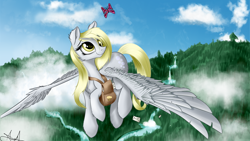 Size: 1920x1080 | Tagged: safe, artist:aurelleah, character:derpy hooves, species:pegasus, species:pony, alternate hairstyle, bag, butterfly, cloud, cute, female, flying, forest, happy, letter, looking up, mare, river, scenery, signature, smiling, solo, stream, tree, waterfall