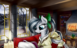 Size: 1920x1200 | Tagged: safe, artist:aurelleah, oc, oc only, oc:silver emerald heart, species:pony, artificial wings, augmented, book, bookshelf, candle, clothing, commission, couch, fire, fireplace, garter belt, jewelry, mare in the moon, mechanical wing, moon, necklace, pillow, prone, reading, ribbon, snow, solo, table, wings, winter