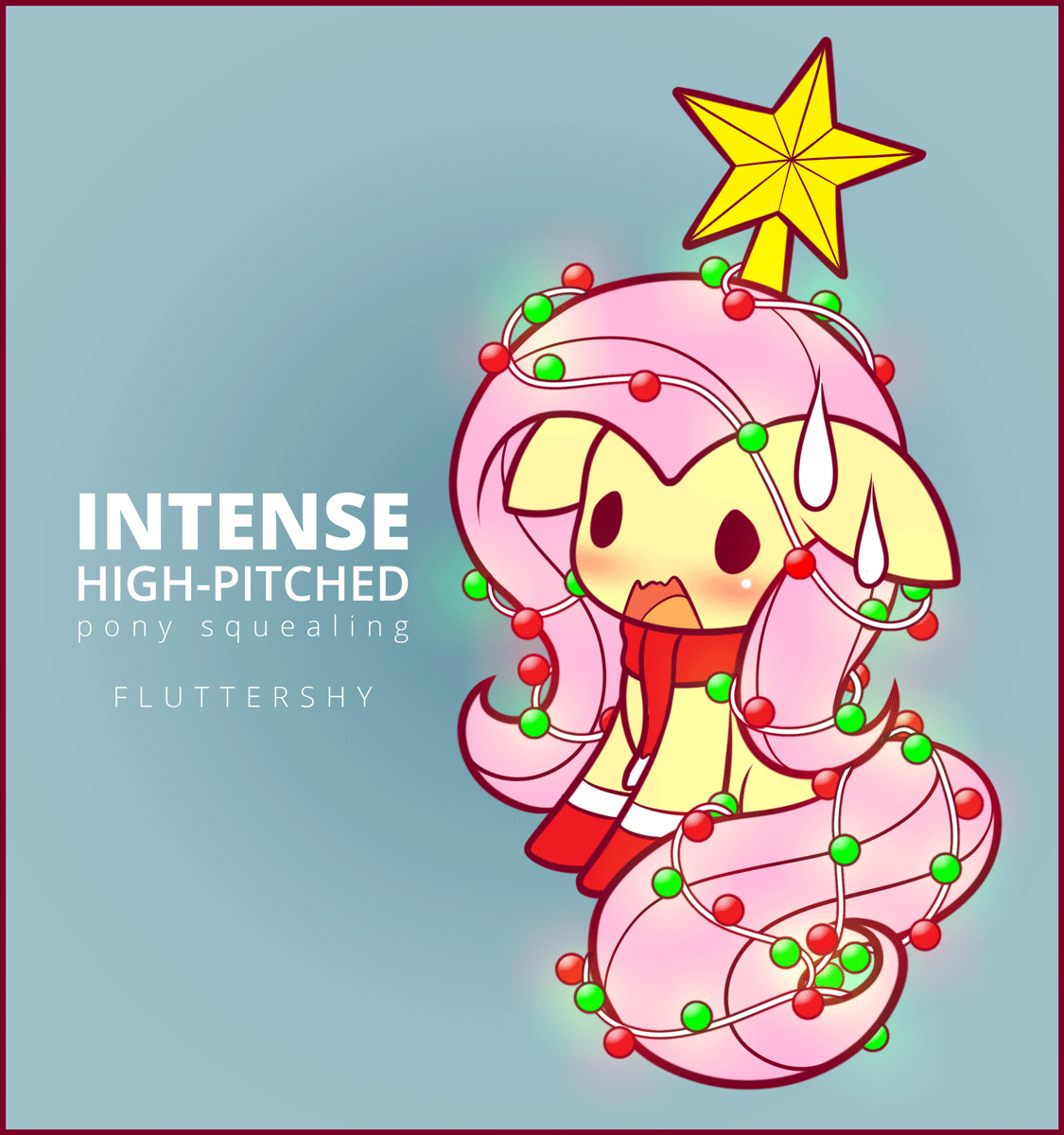Size: 1125x1200 | Tagged: safe, artist:symbianl, character:fluttershy, species:pony, license:cc-by-nc-nd, adorable distress, animated, blushing, christmas lights, christmas tree, clothing, cute, decoration, descriptive noise, female, floppy ears, fluttertree, gif, horse noises, mare, meme, no nose, scarf, shyabetes, solo, squee, sweat, tree