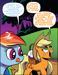 Size: 281x360 | Tagged: safe, artist:andypriceart, edit, idw, character:applejack, character:caramel, character:prince blueblood, character:rainbow dash, ship:applespike, ship:bluejack, ship:carajack, applejack gets all the stallions, bluejack, cheesejack, comic, flashjack, implied appledash, male, shipping, straight, text edit, trenderjack