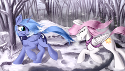 Size: 1920x1080 | Tagged: safe, artist:aurelleah, character:princess celestia, character:princess luna, species:alicorn, species:pony, clothing, cute, cutelestia, eyes closed, female, forest, looking away, lunabetes, pink-mane celestia, river, royal sisters, running, s1 luna, scarf, shadow, signature, smiling, snow, snowfall, stream, tree, updated, water, winter, young, younger