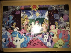 Size: 1200x900 | Tagged: safe, artist:andypriceart, artist:katiecandraw, artist:pixelkitties, character:allie way, character:applejack, character:big mcintosh, character:bon bon, character:bulk biceps, character:carrot cake, character:cheerilee, character:cloudchaser, character:cup cake, character:derpy hooves, character:dj pon-3, character:fluttershy, character:lyra heartstrings, character:pinkie pie, character:pound cake, character:pumpkin cake, character:queen chrysalis, character:rainbow dash, character:rarity, character:roseluck, character:sweetie drops, character:tank, character:trixie, character:twilight sparkle, character:vinyl scratch, character:wild fire, oc, oc:fausticorn, species:alicorn, species:pony, alley way, andy price, ashleigh ball, autograph, balloon, cathy weseluck, confetti, flying, irl, jayson thiessen, katie cook, lauren faust, lee tockar, male, mane six, michelle creber, moon, nicole oliver, photo, plushie, ponycon, ponyville, poster, royal guard, sibsy, stage, tara strong, wall of tags