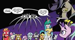 Size: 1105x596 | Tagged: safe, artist:andypriceart, idw, character:applejack, character:big mcintosh, character:bon bon, character:discord, character:lyra heartstrings, character:princess celestia, character:rarity, character:starlight glimmer, character:sweetie belle, character:sweetie drops, character:wheat grass, character:zecora, species:pony, species:zebra, accord, accord (arc), chaos theory (arc), conclusion: and chaos into the order came, hive mind, male