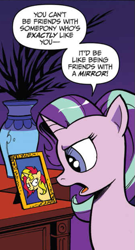 Size: 337x622 | Tagged: safe, artist:andypriceart, idw, character:starlight glimmer, character:sunset shimmer, species:pony, species:unicorn, >:), accord (arc), andy you magnificent bastard, chaos theory (arc), conclusion: and chaos into the order came, counterparts, dialogue, evil grin, irony, smiling, smirk, speech bubble, sunset vs starlight debate, twilight's counterparts