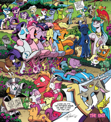 Size: 837x923 | Tagged: safe, artist:andypriceart, idw, character:angel bunny, character:apple bloom, character:applejack, character:big mcintosh, character:bittersweet, character:discord, character:dj pon-3, character:fluttershy, character:gummy, character:king sombra, character:leadwing, character:mayor mare, character:octavia melody, character:opalescence, character:owlowiscious, character:philomena, character:pinkie pie, character:princess cadance, character:princess celestia, character:princess flurry heart, character:princess luna, character:queen chrysalis, character:rainbow dash, character:rarity, character:scootaloo, character:shining armor, character:spike, character:starlight glimmer, character:sweetie belle, character:tank, character:tiberius, character:twilight sparkle, character:twilight sparkle (alicorn), character:vinyl scratch, character:winona, character:zecora, oc, oc:angie, species:alicorn, species:dragon, species:pegasus, species:pony, species:zebra, accord (arc), andy price, chaos theory (arc), conclusion: and chaos into the order came, cranky doodle ryan, cutie mark crusaders, dancing, fourth wall, heather breckel, katie cook, male, mane six, observer (character), wall of tags