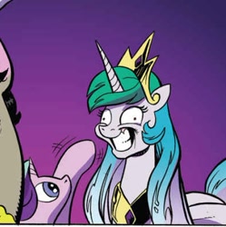 Size: 391x393 | Tagged: safe, artist:andypriceart, idw, character:discord, character:princess celestia, character:starlight glimmer, species:alicorn, species:pony, species:unicorn, accord, accord (arc), boop, chaos theory (arc), conclusion: and chaos into the order came, contemplating insanity, derp, female, gradient background, grin, mare, mind control, shrunken pupils, slasher smile, smiling, stepford smiler, waving, wide eyes
