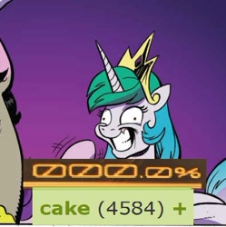 Size: 391x393 | Tagged: safe, artist:andypriceart, edit, editor:watermelon changeling, idw, character:discord, character:princess celestia, character:starlight glimmer, species:alicorn, species:pony, species:unicorn, 0, 200% mad, accord, accord (arc), boop, cake, cakelestia, chaos theory (arc), conclusion: and chaos into the order came, derp, expand dong, exploitable meme, floppy ears, food, gradient background, grin, insanity, meme, shrunken pupils, smiling, snaplestia, stepford smiler, waving, wide eyes