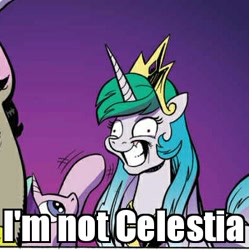 Size: 391x393 | Tagged: safe, artist:andypriceart, idw, character:discord, character:princess celestia, character:starlight glimmer, species:alicorn, species:pony, species:unicorn, accord, accord (arc), boop, chaos theory (arc), conclusion: and chaos into the order came, gradient background, grin, i'm not stu, rugrats, shrunken pupils, smiling, stepford smiler, waving, wide eyes