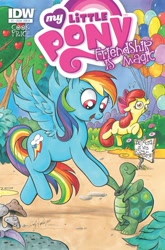 Size: 674x1023 | Tagged: safe, artist:andypriceart, idw, official, official comic, character:apple bloom, character:rainbow dash, character:tank, balloon, comic, comic cover, cover, idw advertisement