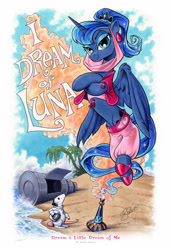 Size: 2600x3800 | Tagged: safe, artist:andypriceart, character:princess luna, character:tiberius, species:alicorn, species:pony, andy you magnificent bastard, astronaut, clothing, crossover, female, genie, i dream of jeannie, jeannie, mare, opossum, ponytail, space helmet, space suit