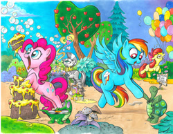 Size: 900x698 | Tagged: safe, artist:andypriceart, idw, character:apple bloom, character:gummy, character:pinkie pie, character:rainbow dash, character:tank, character:zecora, species:earth pony, species:pegasus, species:pony, species:zebra, alligator, apple, apple tree, balloon, bipedal, brew, bubble, cake, cauldron, comic cover, cover, cute, dancing, eating, flying, glowing eyes, idw advertisement, mushroom, open mouth, record, tongue out, tortoise