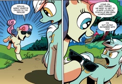 Size: 1372x943 | Tagged: safe, artist:andypriceart, idw, official comic, character:bon bon, character:lyra heartstrings, character:sweetie drops, species:earth pony, species:pony, species:unicorn, best friends, bon bond, comic, dialogue, disguise, disguised changeling, duo, female, lyra is not amused, mare, speech bubble, sunglasses, unamused