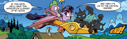 Size: 1227x385 | Tagged: safe, artist:andypriceart, idw, official comic, character:spike, character:twilight sparkle, character:twilight sparkle (alicorn), species:alicorn, species:changeling, species:dragon, species:pony, armor of friendship, dialogue, female, flying, male, mare, speech bubble