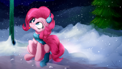 Size: 1920x1080 | Tagged: safe, artist:aurelleah, character:pinkie pie, species:pony, blep, cheek fluff, chest fluff, clothing, cute, diapinkes, earmuffs, fluffy, ice, leg fluff, looking up, mlem, night, raised hoof, scarf, sitting, snow, snowfall, solo, tongue out, tree, winter