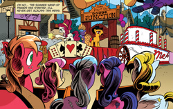 Size: 1040x656 | Tagged: safe, artist:andypriceart, idw, official comic, character:big mcintosh, character:cherry jubilee, character:mare do well, species:earth pony, species:pony, animal house, back, barrier, collar, crowd, dead man's hand, deathmobile, dodge junction, float, hurdle, male, mane, parade, parade balloon, plot, ponyville, stallion, summer wrap up festival
