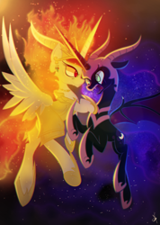 Size: 1200x1682 | Tagged: safe, artist:andypriceart, artist:zidanemina, character:nightmare moon, character:nightmare star, character:princess celestia, character:princess luna, species:alicorn, species:pony, fight, floppy ears, flying, frown, open mouth, stars, twilight (astronomy)