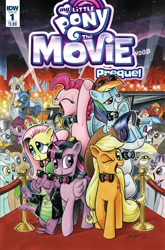Size: 1054x1600 | Tagged: safe, artist:andypriceart, idw, character:applejack, character:berry punch, character:berryshine, character:big mcintosh, character:bon bon, character:carrot top, character:derpy hooves, character:dj pon-3, character:doctor whooves, character:fluttershy, character:golden harvest, character:lyra heartstrings, character:octavia melody, character:pinkie pie, character:princess celestia, character:princess luna, character:rainbow dash, character:rarity, character:spike, character:starlight glimmer, character:sweetie drops, character:time turner, character:twilight sparkle, character:twilight sparkle (alicorn), character:vinyl scratch, character:zecora, species:alicorn, species:dragon, species:earth pony, species:pegasus, species:pony, species:unicorn, species:zebra, my little pony: the movie (2017), carriage, comic cover, cover, hollywood, limousine, male, mane seven, mane six, my little pony: the movie prequel, sweetcream scoops