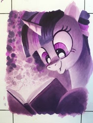 Size: 768x1024 | Tagged: safe, artist:andypriceart, character:twilight sparkle, species:pony, species:unicorn, book, limited palette, looking down, smiling, solo, traditional art, watercolor painting