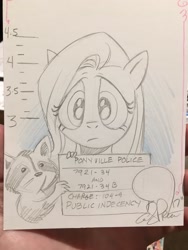 Size: 1536x2048 | Tagged: safe, artist:andypriceart, character:fluttershy, bust, hoof hold, looking at you, mugshot, pencil drawing, portrait, raccoon, sign, traditional art