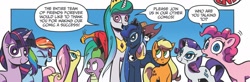 Size: 910x298 | Tagged: safe, artist:andypriceart, idw, character:applejack, character:fluttershy, character:philomena, character:pinkie pie, character:princess celestia, character:princess luna, character:rainbow dash, character:rarity, character:spike, character:tiberius, character:twilight sparkle, character:twilight sparkle (alicorn), species:alicorn, species:dragon, species:pony, andy you magnificent bastard, fourth wall, irony, mane six