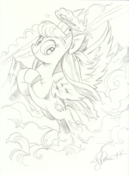 Size: 3637x5000 | Tagged: safe, artist:andypriceart, character:angel wings, species:pegasus, species:pony, absurd resolution, babscon 2017, bow, female, flying, hair bow, lineart, looking at you, mare, monochrome, mountain, pencil drawing, scanned, solo, spread wings, too big for derpibooru, traditional art, wings