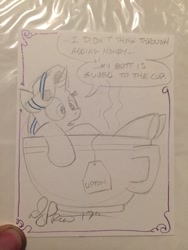 Size: 768x1024 | Tagged: safe, artist:andypriceart, artist:ramivic, character:starlight glimmer, species:pony, species:unicorn, cup, cup of pony, female, food, honey, lipton's tea, mare, micro, monochrome, solo, stuck, teacup, traditional art