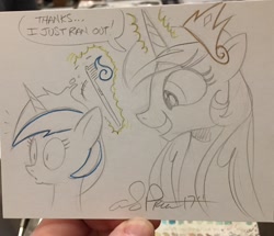Size: 1024x879 | Tagged: safe, artist:andypriceart, character:minuette, character:princess celestia, species:alicorn, species:pony, andy you magnificent bastard, female, fourth wall, how, mare, sillestia, silly, toothbrush, toothpaste, traditional art, trollestia