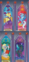 Size: 500x1072 | Tagged: safe, artist:andypriceart, character:derpy hooves, character:flam, character:flim, character:queen chrysalis, character:trixie, species:flutter pony, species:pony, species:unicorn, comic, dark mirror universe, equestria-3, eyeshadow, fairness, female, flim flam brothers, gavel, glasses, humility, love, makeup, mare, reversalis, stained glass, underp, wisdom, yin yang, yin-yang