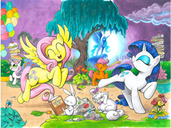 Size: 900x678 | Tagged: safe, artist:andypriceart, idw, official, character:angel bunny, character:fluttershy, character:opalescence, character:princess luna, character:rarity, character:scootaloo, character:sweetie belle, species:pegasus, species:pony, balloon, book, cover art, eyeshadow, glow, glowing eyes, idw advertisement, pie, reading, traditional art
