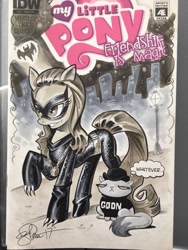 Size: 768x1024 | Tagged: safe, artist:andypriceart, character:opalescence, species:earth pony, species:pony, batman, catwoman, female, julie newmar, mare, ponified, traditional art
