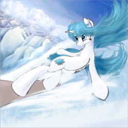Size: 1193x1193 | Tagged: safe, artist:aurelleah, oc, oc only, oc:apricity, species:alicorn, species:pony, g4, alicorn oc, cloud, cute, female, mare, mountain, mountain range, painting, snow, snowboarding, solo, standing, three quarter view, wip