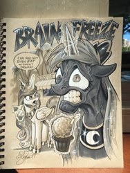 Size: 768x1024 | Tagged: safe, artist:andypriceart, character:princess celestia, character:princess luna, species:pony, andy you magnificent bastard, brain freeze, faec, food, ice cream, magic, majestic as fuck, shaved ice, traditional art