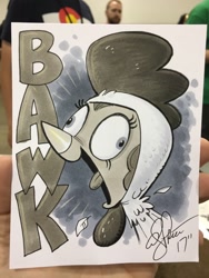 Size: 768x1024 | Tagged: safe, artist:andypriceart, character:pinkie pie, species:pony, andy you magnificent bastard, animal costume, bawk, chicken pie, chicken suit, clothing, costume, derp, partial color, pinkie being pinkie, pinkie derp, traditional art
