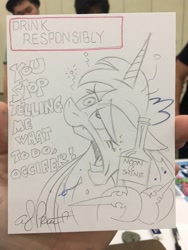Size: 768x1024 | Tagged: safe, artist:andypriceart, character:princess luna, species:alicorn, species:pony, alcohol, andy you magnificent bastard, drunk, female, majestic as fuck, mare, monochrome, moonshine, solo, spoonerism, traditional art