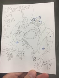 Size: 1536x2048 | Tagged: safe, artist:andypriceart, character:discord, character:princess luna, andy you magnificent bastard, commission, crossover, hair bun, princess leia, star wars, stormtrooper, traditional art