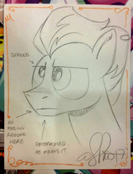 Size: 1957x2555 | Tagged: safe, artist:andypriceart, character:fire streak, species:pegasus, species:pony, bronycon, bronycon 2017, irl, lineart, male, photo, serious, serious face, solo, stallion, traditional art