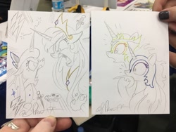 Size: 1024x768 | Tagged: safe, artist:andypriceart, character:daybreaker, character:nightmare moon, character:princess celestia, character:princess luna, species:alicorn, species:pony, andy you magnificent bastard, argument, bronycon, bronycon 2017, colored pencil drawing, covering mouth, crown, female, grawlixes, horns are touching, implied vulgar, irony, jewelry, knife, lightning, mare, pencil drawing, regalia, role reversal, skull, traditional art, you got it backwards