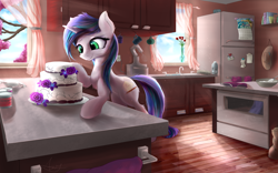Size: 3840x2400 | Tagged: safe, artist:aurelleah, oc, oc only, oc:night flour, species:pony, species:unicorn, baking, bipedal, book, cake, chest fluff, clothing, commission, curtains, cute, detailed background, female, flour, flower, food, hat, high res, indoors, kitchen, mare, milk, oven, realistic, sink, smiling, solo, stove, wedding cake, window