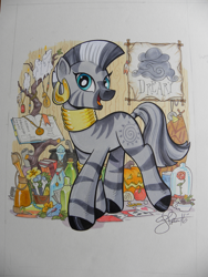 Size: 3000x4000 | Tagged: safe, artist:andypriceart, character:zecora, species:pony, species:zebra, beauty and the beast, book, candle, cauldron, colored pencil drawing, cute, dreary, female, flower, jewelry, looking at you, mare, marker drawing, photo, pumpkin, rose, smiling, solo, traditional art, zecorable