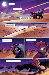 Size: 994x1528 | Tagged: safe, artist:andypriceart, idw, official comic, character:tempest shadow, species:pony, my little pony: the movie (2017), broken horn, cloak, clothing, comic, crescent moon, desert, eye scar, female, horn, mare, moon, my little pony: the movie prequel, night, preview, scar, solo