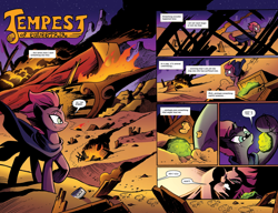 Size: 1600x1231 | Tagged: safe, artist:andypriceart, idw, official comic, character:tempest shadow, species:pony, my little pony: the movie (2017), broken horn, cloak, clothing, comic, desert, dialogue, eye scar, female, fire, horn, mare, misfortune malachite, my little pony: the movie prequel, night, preview, scar, shipwreck, speech bubble